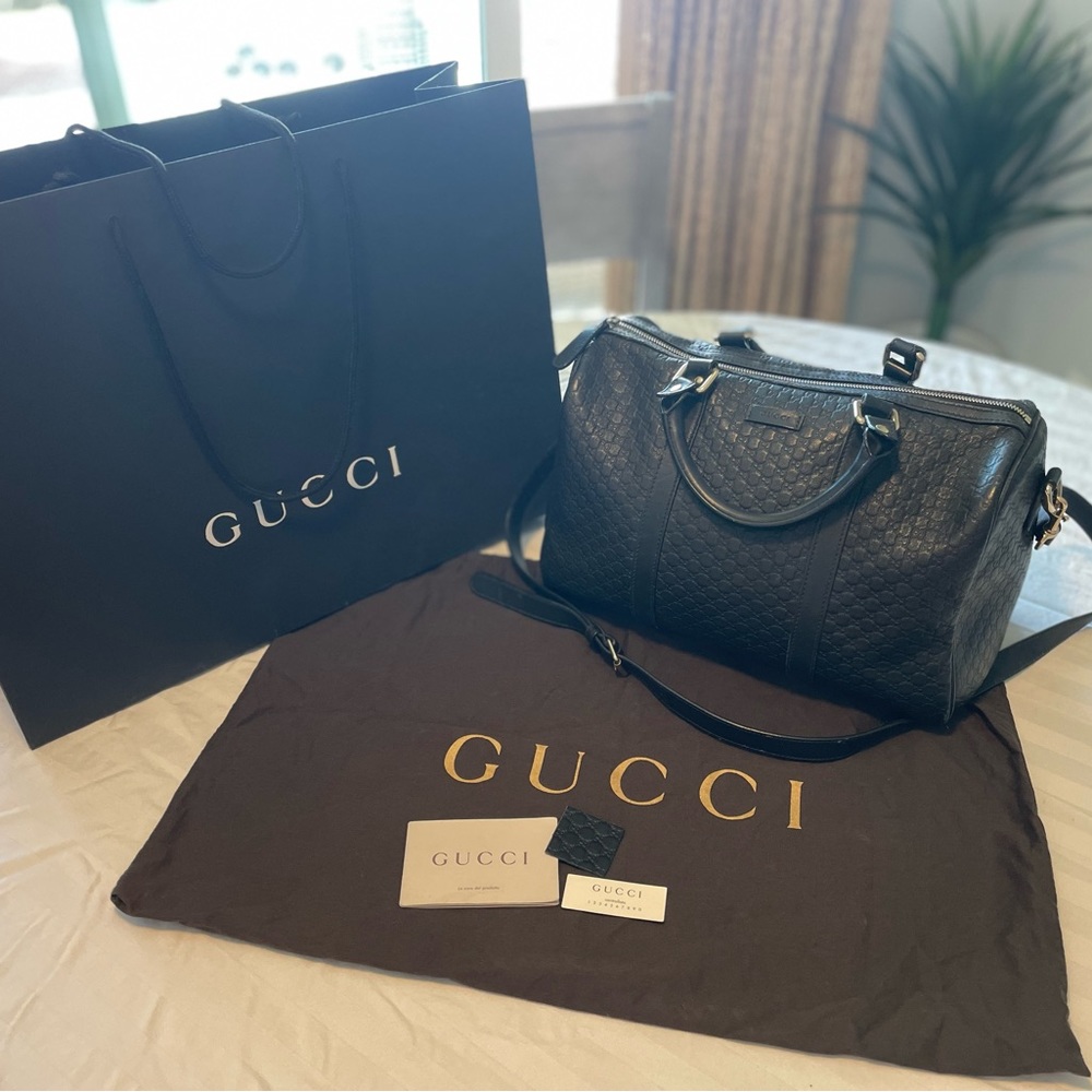 Gucci Black Leather Guccisima Dome Boston Travel Shoulder Bag